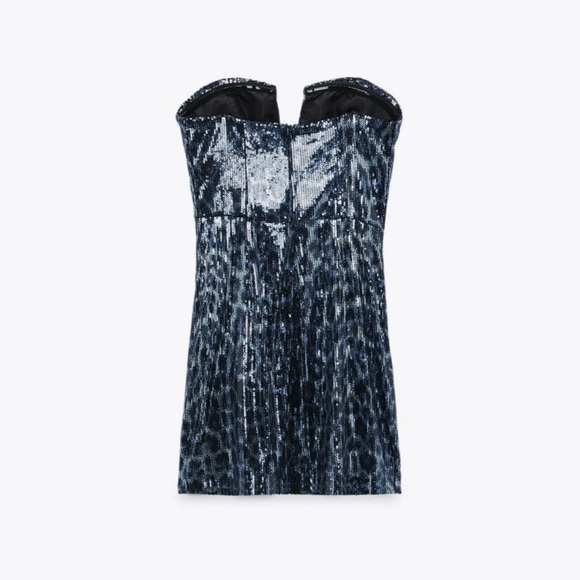 NWT ZARA Short Blue Black Sequin Dress Animal Leopard Print Strapless Corset - Picture 5 of 8